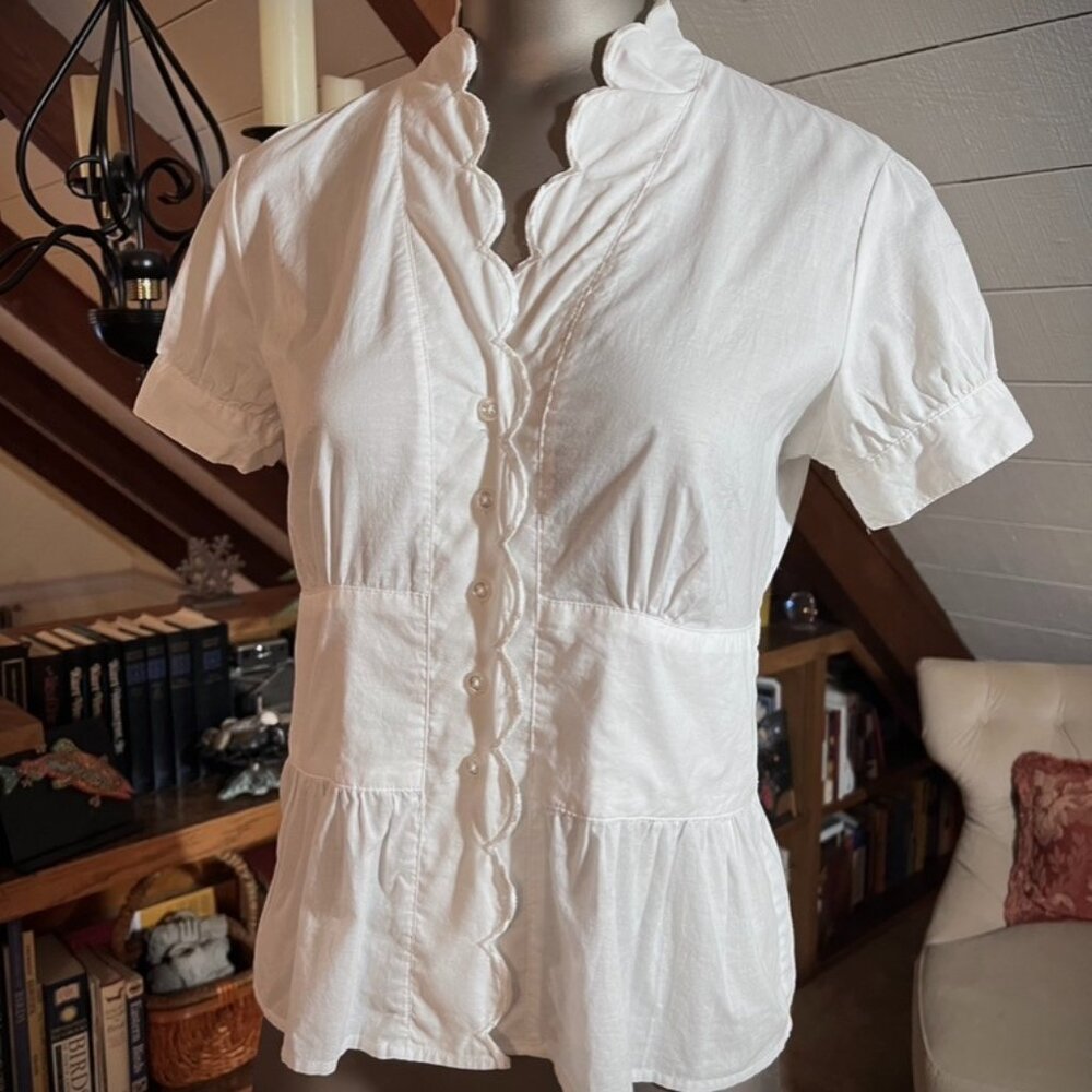 Isaac Mizrahi | Button-Front Blouse with Embroidered Scalloped Edge